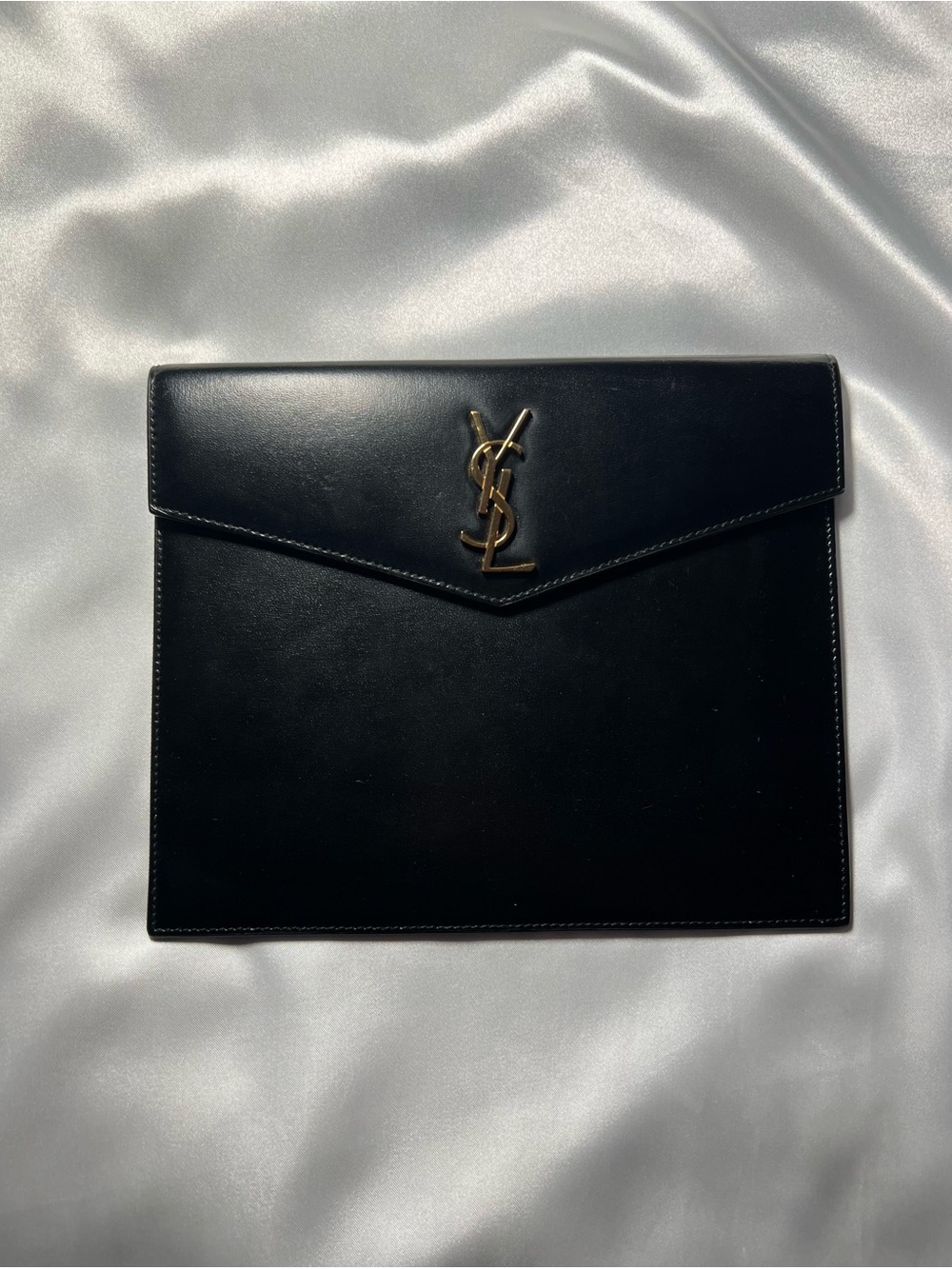 Saint Laurent Black Leather Envelope Clutch with Gold YSL Emblem